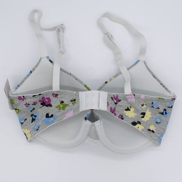 Auden Floral Print Gray Everyday Cotton Demi Lightly Lined T-Shirt Bra - Picture 2 of 10